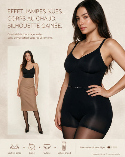 Effet jambes nues, corps au chaud, silhouette gainée : le body Silhéa porté sous une jupe et en gros plan. Soutien-gorge, gaine, culotte et collant chaud en une pièce. Niveau de maintien léger. Image générée par IA, non contractuelle.