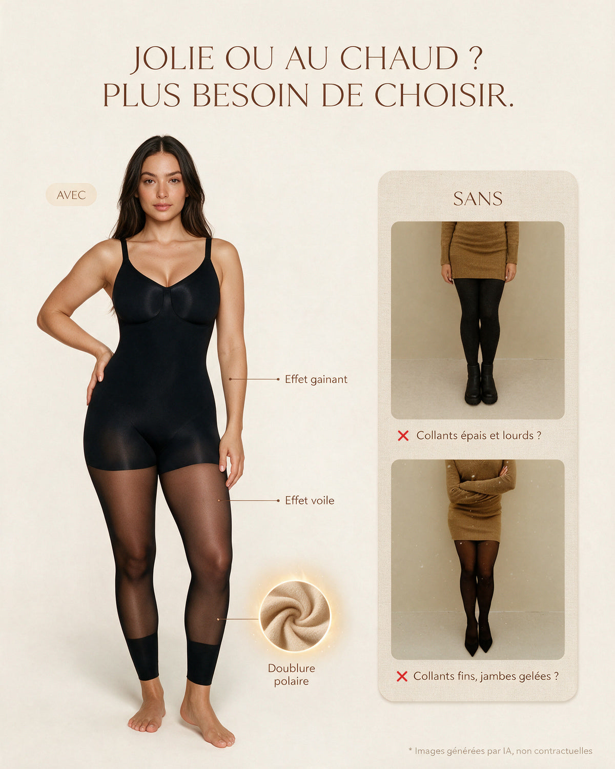 Jolie ou au chaud ? Plus besoin de choisir. Avec Silhéa : effet gainant, effet voile, doublure polaire. Sans : collants épais et lourds, ou collants fins et jambes gelées. Images générées par IA, non contractuelles.
