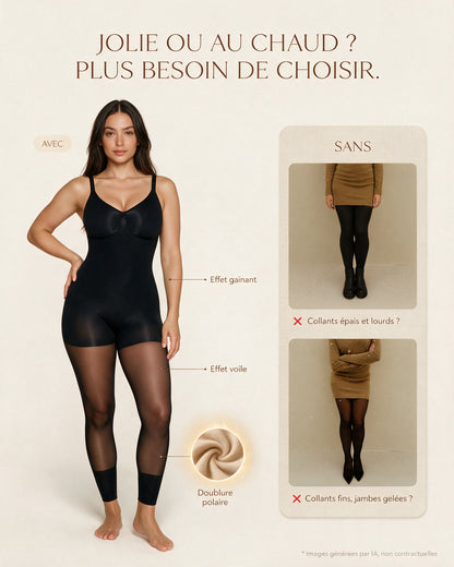 Jolie ou au chaud ? Plus besoin de choisir. Avec Silhéa : effet gainant, effet voile, doublure polaire. Sans : collants épais et lourds, ou collants fins et jambes gelées. Images générées par IA, non contractuelles.