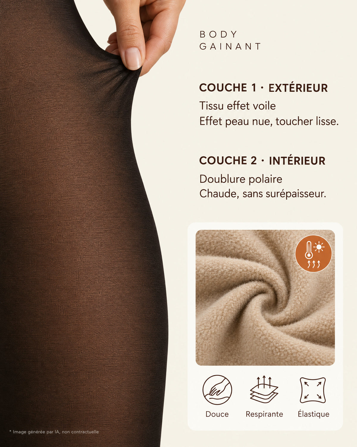 Body gainant Silhéa : couche 1 extérieure en tissu effet voile, effet peau nue et toucher lisse ; couche 2 intérieure en doublure polaire, chaude sans surépaisseur. Douce, respirante, élastique. Image générée par IA, non contractuelle.