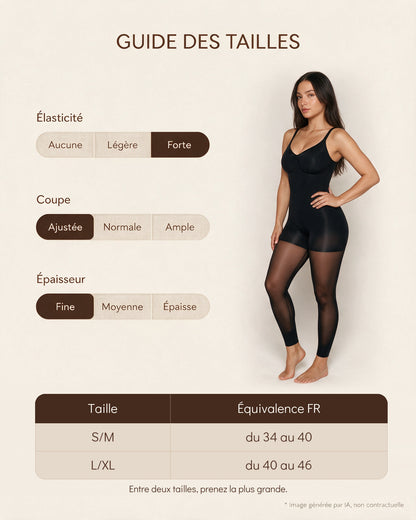 Guide des tailles : élasticité forte, coupe ajustée, épaisseur fine. Deux tailles : S/M, équivalence FR du 34 au 40 ; L/XL, du 40 au 46. Entre deux tailles, prenez la plus grande. Image générée par IA, non contractuelle.