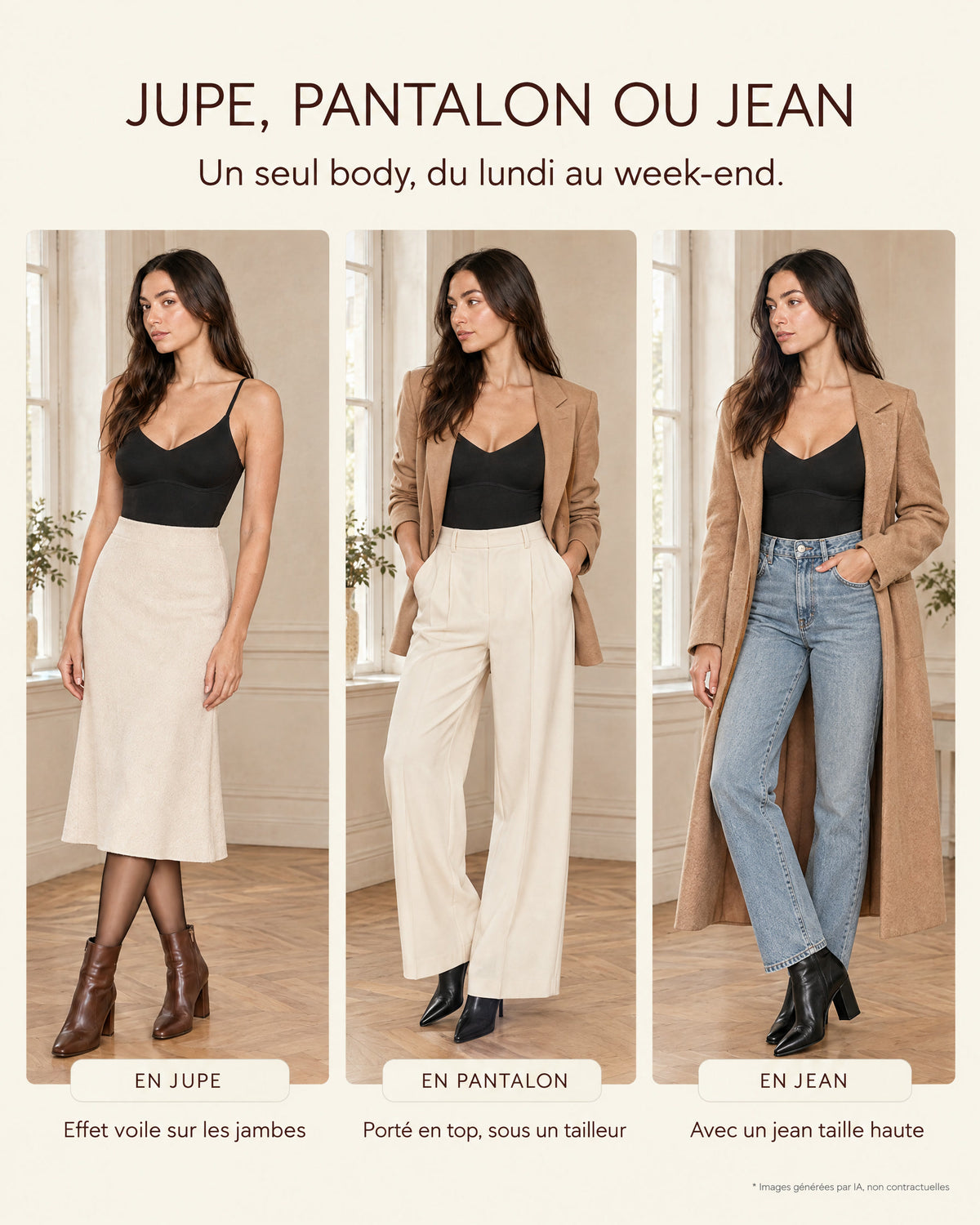 Jupe, pantalon ou jean : un seul body, du lundi au week-end. En jupe, effet voile sur les jambes ; en pantalon, porté en top sous un tailleur ; avec un jean taille haute. Images générées par IA, non contractuelles.